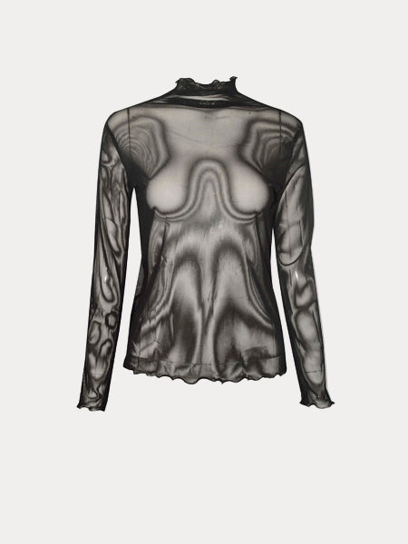 Black Sheer Mesh Swirl Print Top
