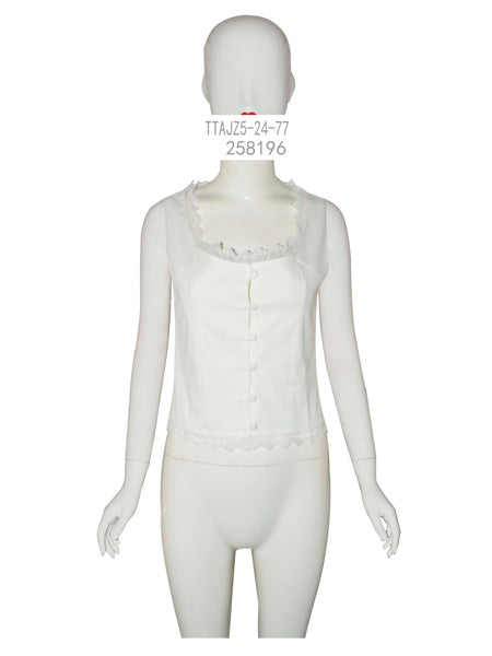 White Lace-Trim Button Blouse