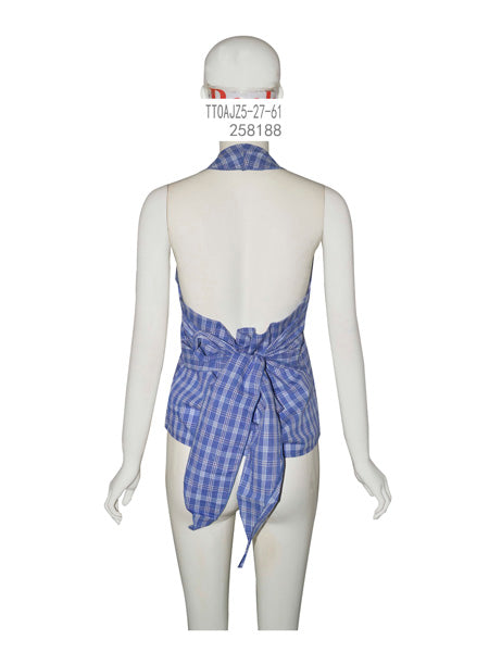 Blue Plaid Halter Top with Back Tie