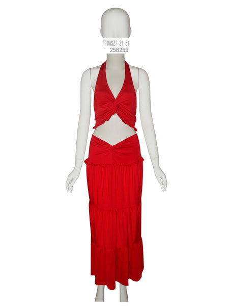 Red Halter Cutout Maxi Two-Piece Set