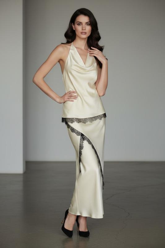 Satin Lace-Trim Halter Set