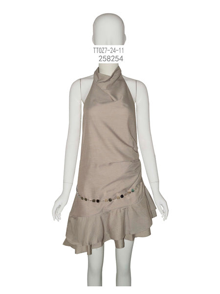 Beige Halter Cowl Neck Mini Dress with Ruffle Hem
