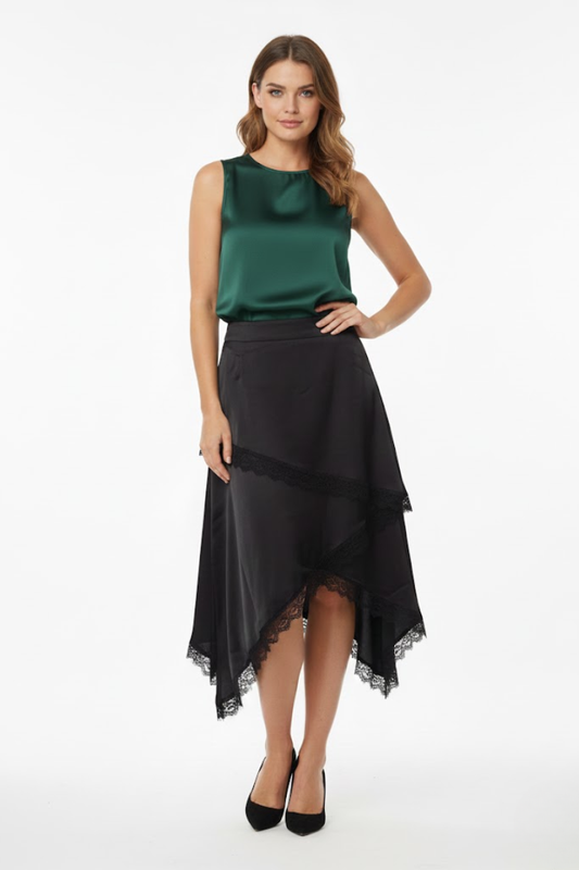 Asymmetrical Lace Trim Midi Skirt
