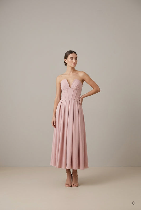 Strapless Corset-Bodice Pleated Midi Dress