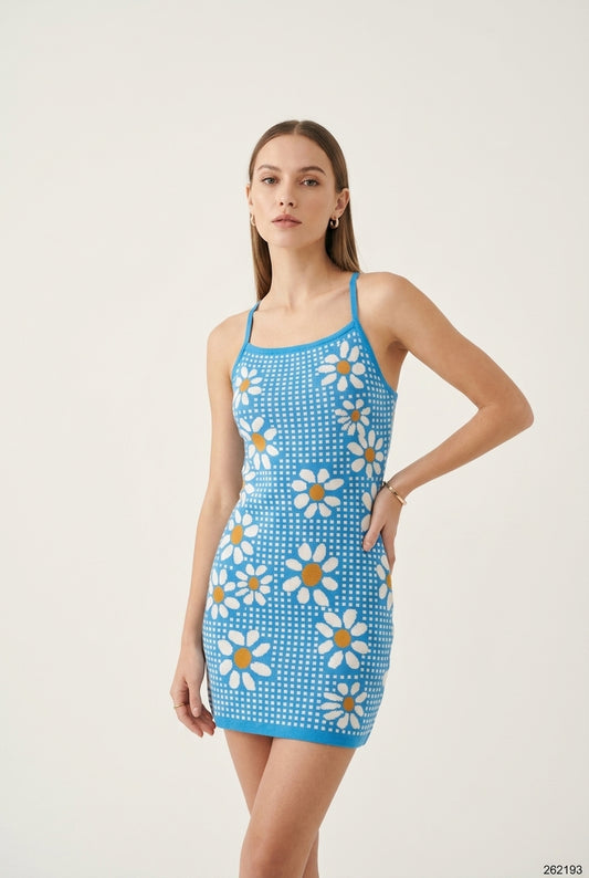 Daisy Print Gingham Knit Cami Mini Dress