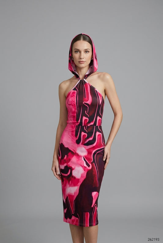 Hooded Halter-Neck Printed Midi Dress