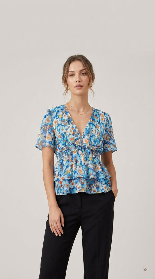 V-Neck Smocked Floral Peplum Blouse