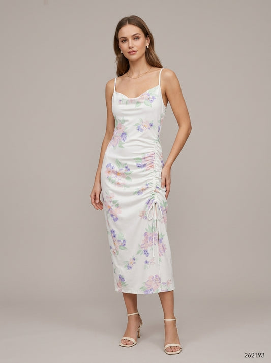 Cowl-Neck Side-Ruched Floral Slip Midi Dress