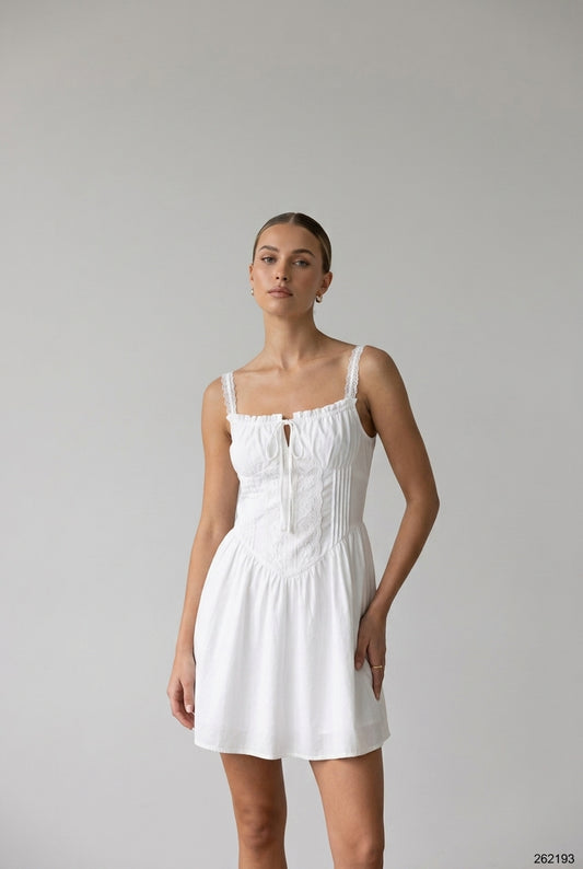 Lace-Trim Corset Busk White Mini Dress