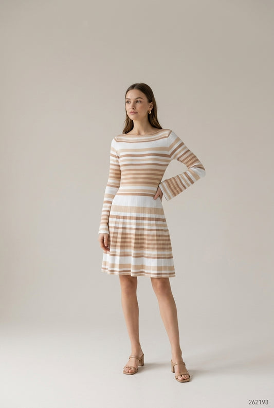 Boat-Neck Striped Long-Sleeve Knit Mini Dress
