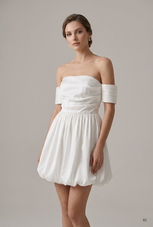 Off-the-Shoulder Pleated-Sleeve Bubble Mini Dress