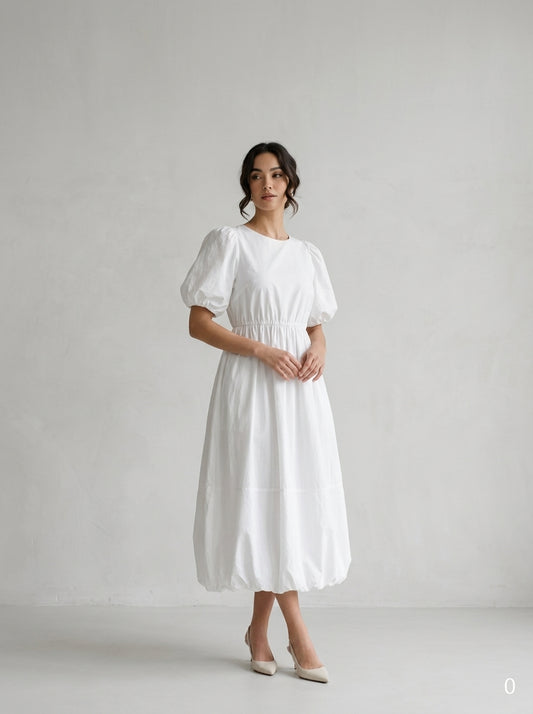 Puff-Sleeve Elastic-Waist Bubble-Hem Midi Dress