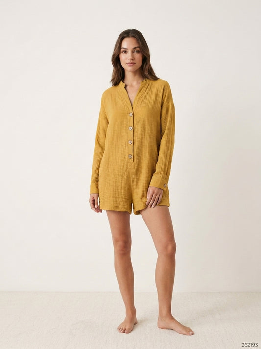 Button-Front Cotton Gauze Long-Sleeve Romper