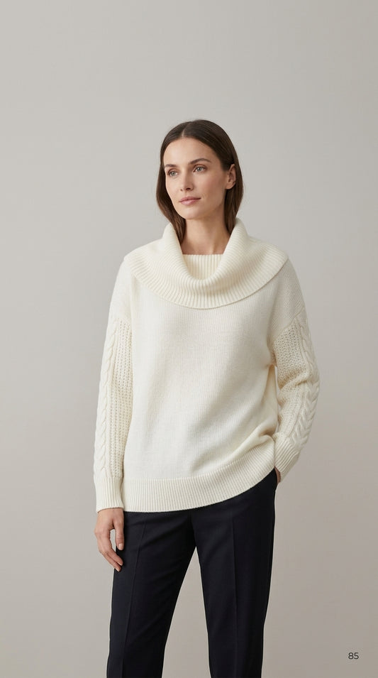 Cowl-Neck Cable-Sleeve Knit Sweater