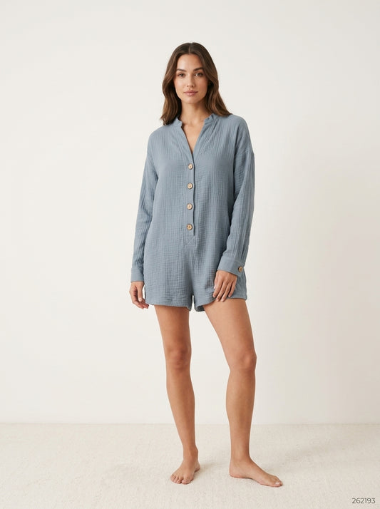 Button-Front Cotton Gauze Long-Sleeve Romper