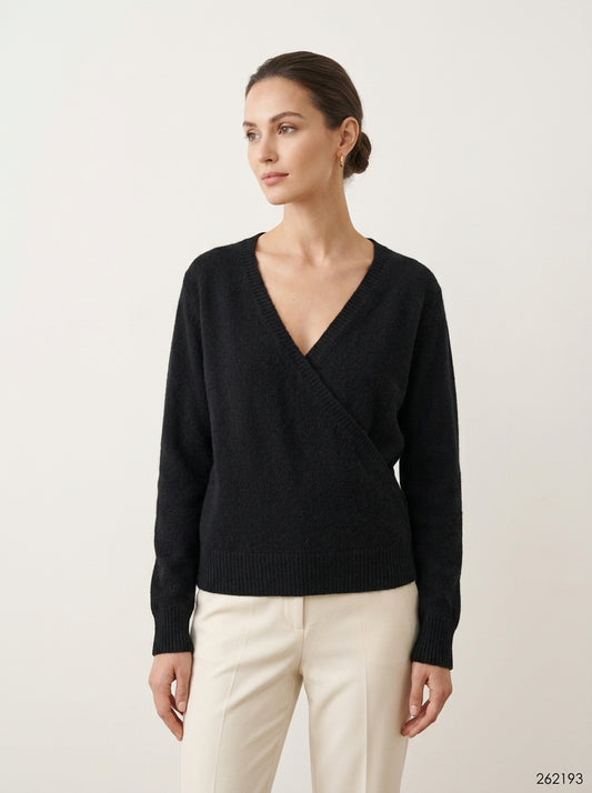 V-Neck Faux-Wrap Knit Sweater