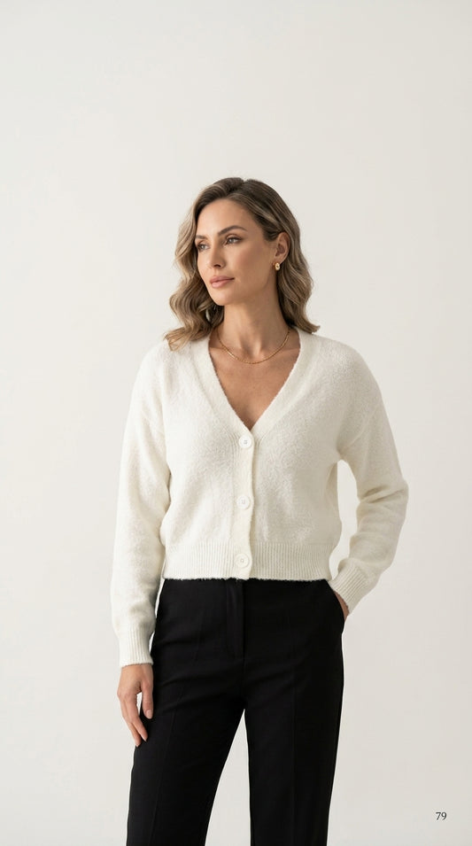 V-Neck Button-Front Fuzzy Knit Cardigan