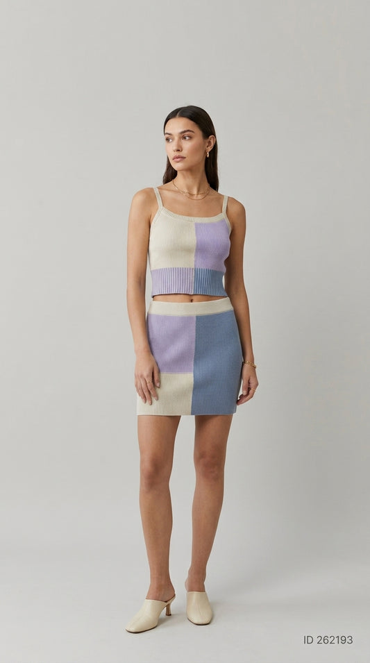 Color-Blocked Ribbed Knit Camisole and Mini Skirt Set