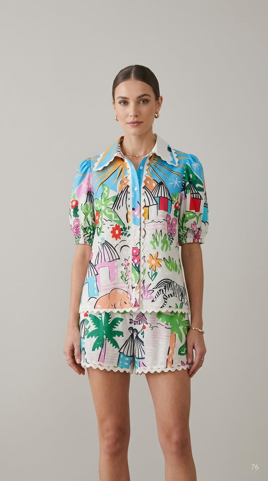 Tropical Illustrated Scallop-Trim Shirt and Shorts Set