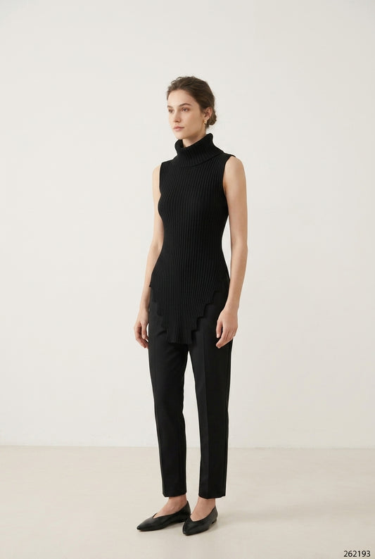Sleeveless Turtleneck Stepped-Hem Knit Top