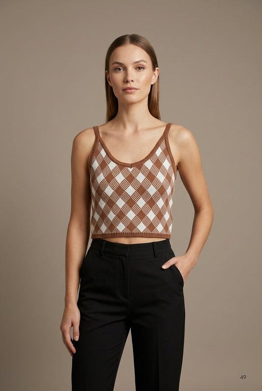 V-Neck Gingham Knit Cami Crop Top