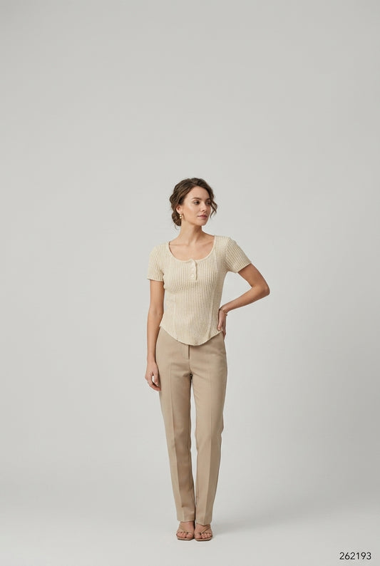 Scoop-Neck Henley Ribbed Short-Sleeve Top